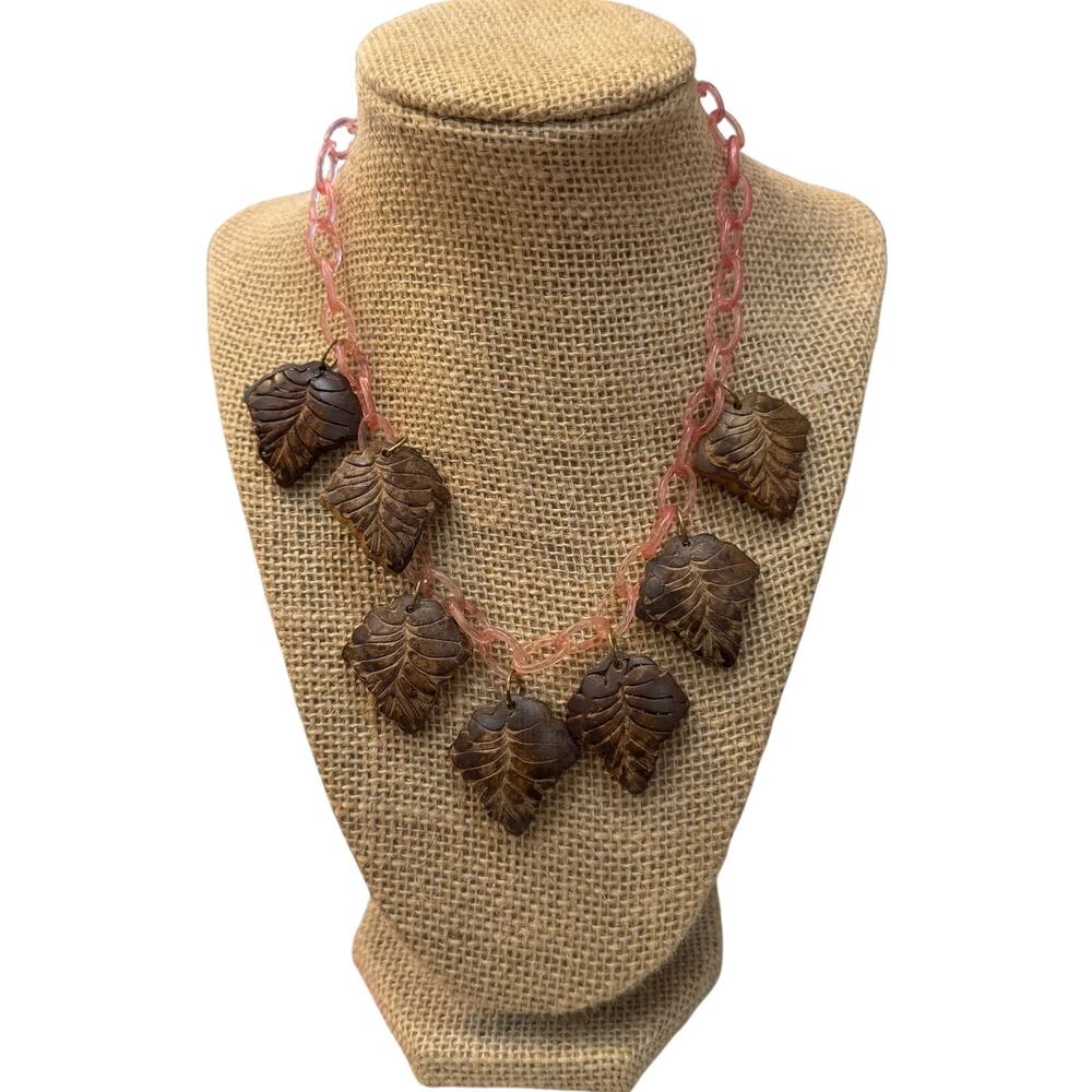 1940s Carved Wooden Leaf Necklace on Pink Celluloid Chain